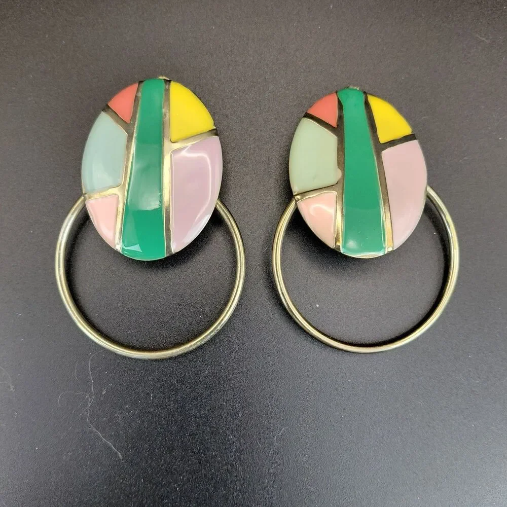 Door Knocker Enamel Earrings Clip On Vtg 80's Memphis Style Geometric Bold
